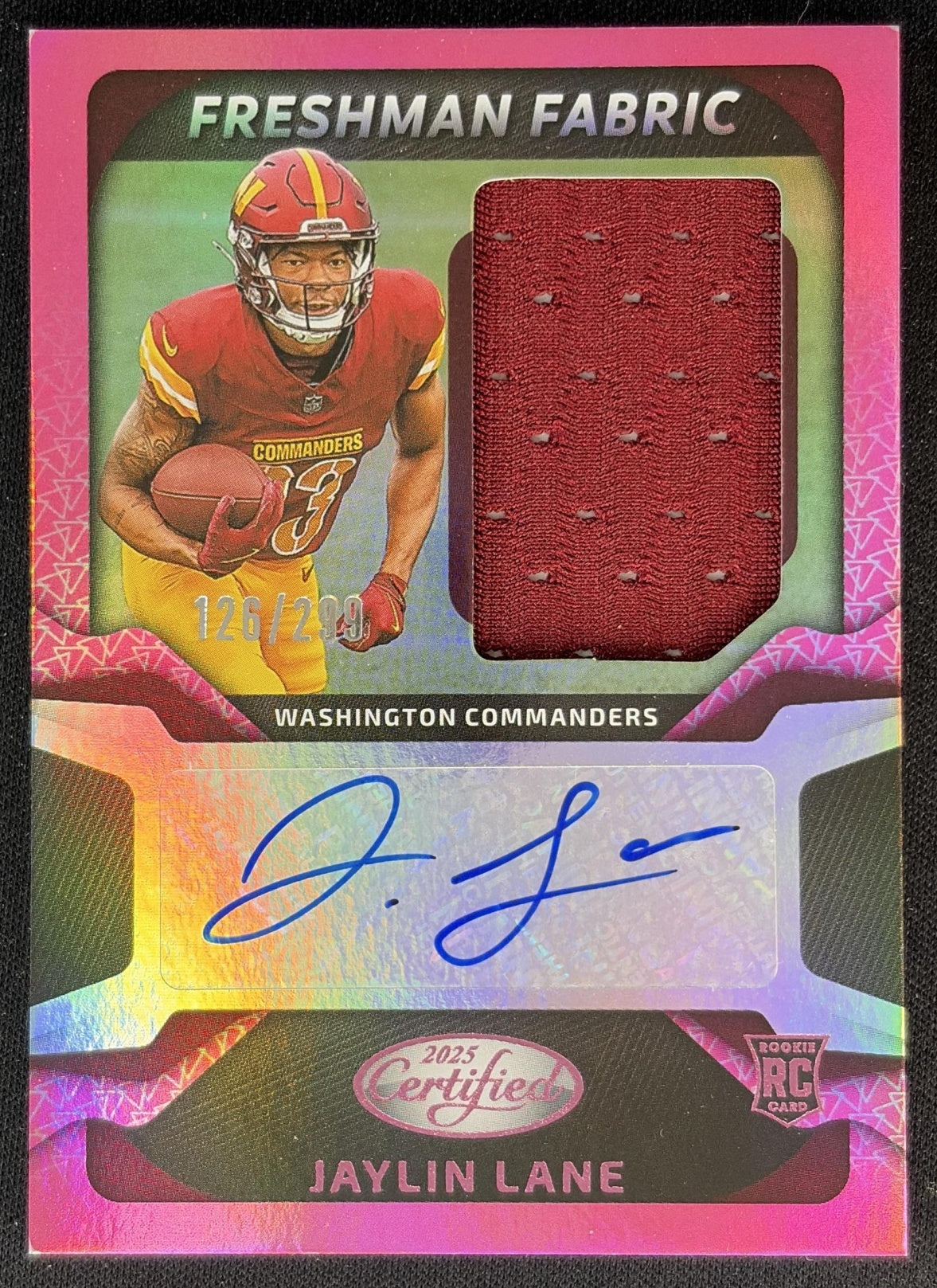 Jaylin Lane 2025 Certified Freshman Fabric Mirror Signatures Pink /299 Commanders front