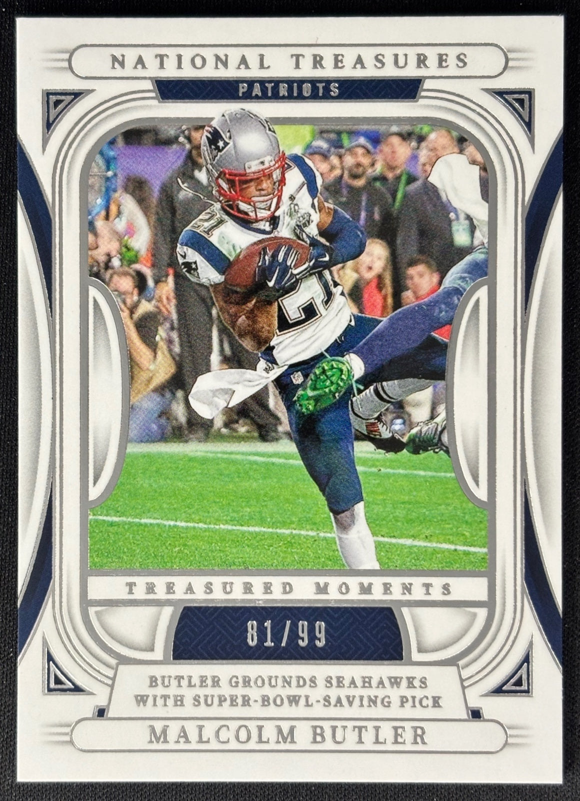 Front of Malcolm Butler 2024 National Treasures Treasured Moments /99 Patriots sports trading card