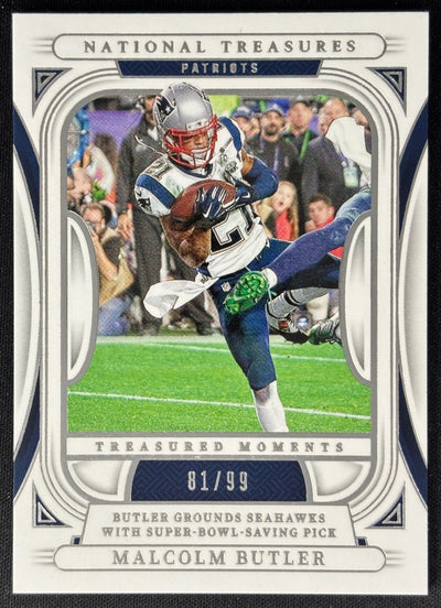 Front of Malcolm Butler 2024 National Treasures Treasured Moments /99 Patriots sports trading card