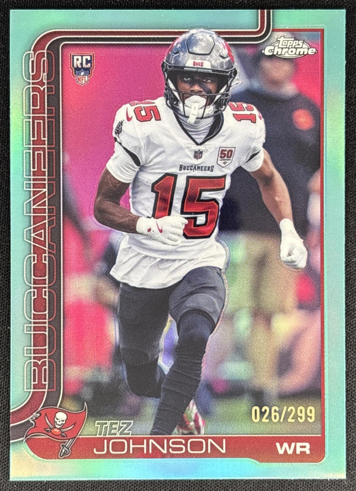 Tez Johnson 2025 Topps Chrome Rookie Teal Refractor /299 Buccaneers front