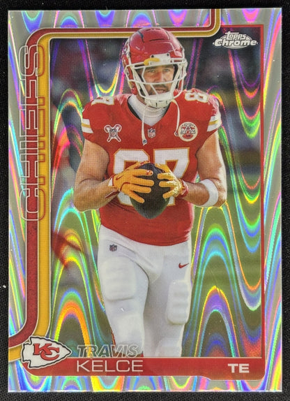 Travis Kelce 2025 Topps Chrome RayWave Refractor Chiefs Sports Trading Cards