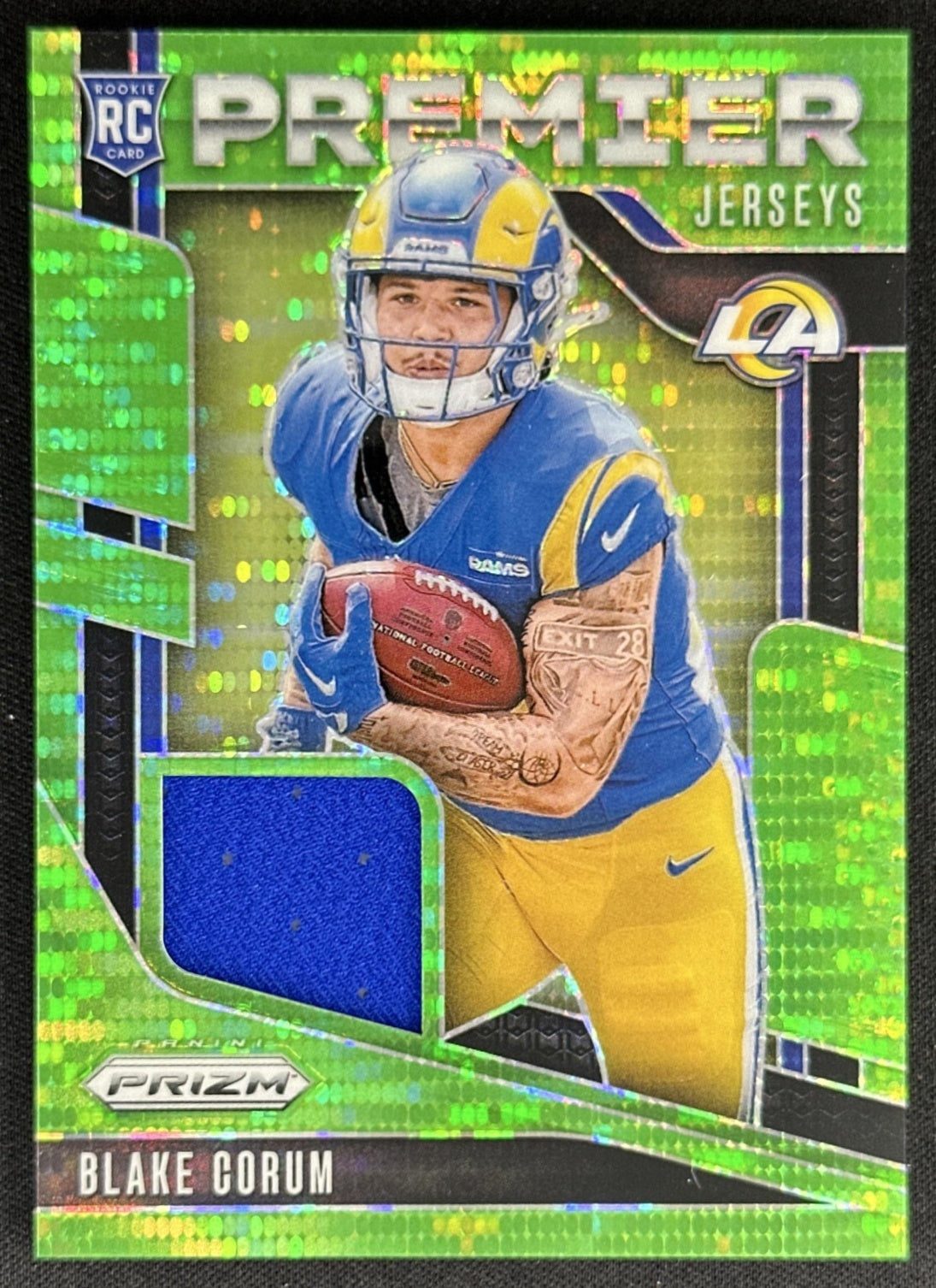 Blake Corum 2024 Panini Prizm Premier Jerseys Neon Green Pulsar Rams