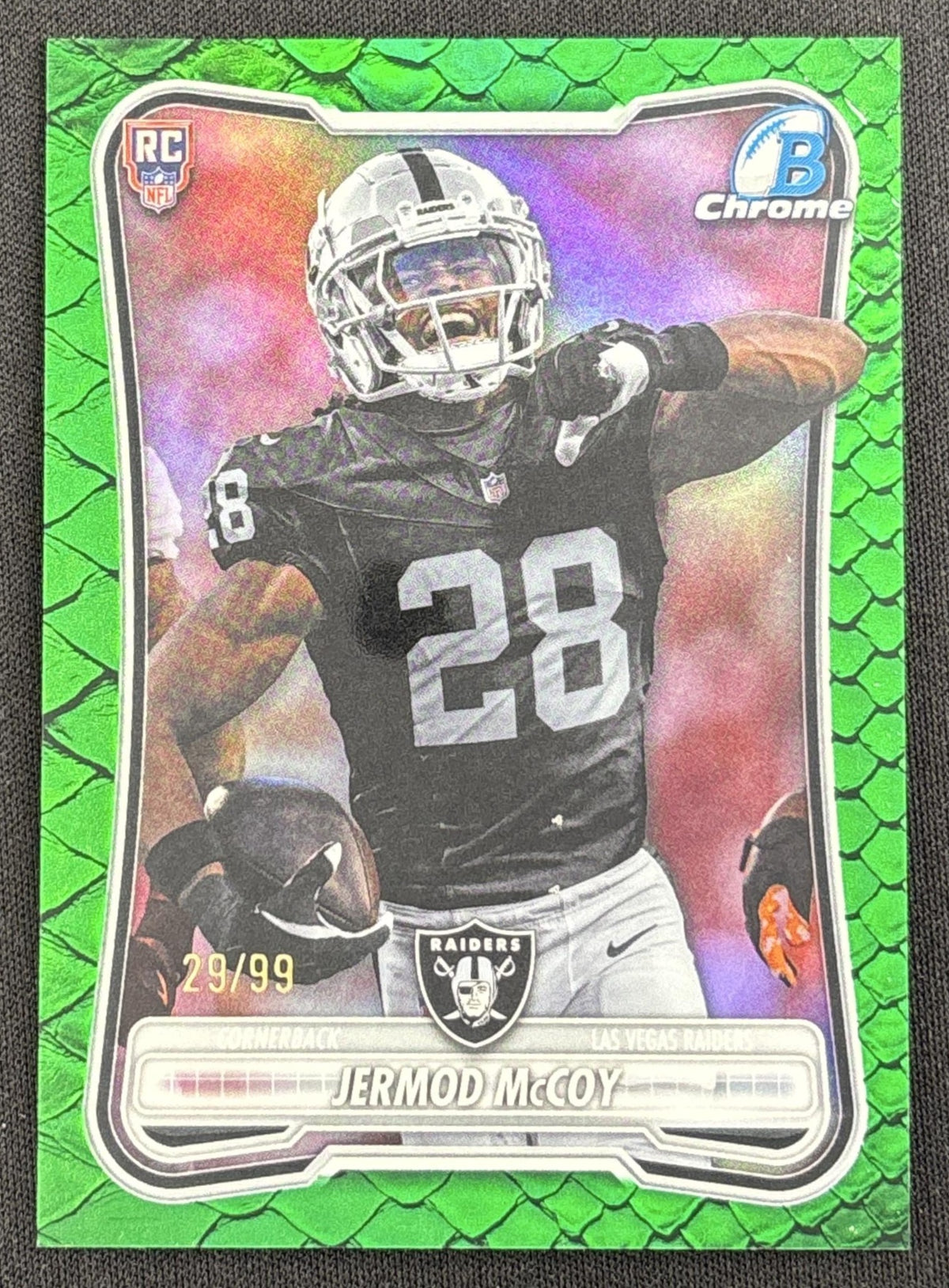 Jermod McCoy 2026 Bowman Chrome NFL Green Reptilian Refractor /99 Raiders