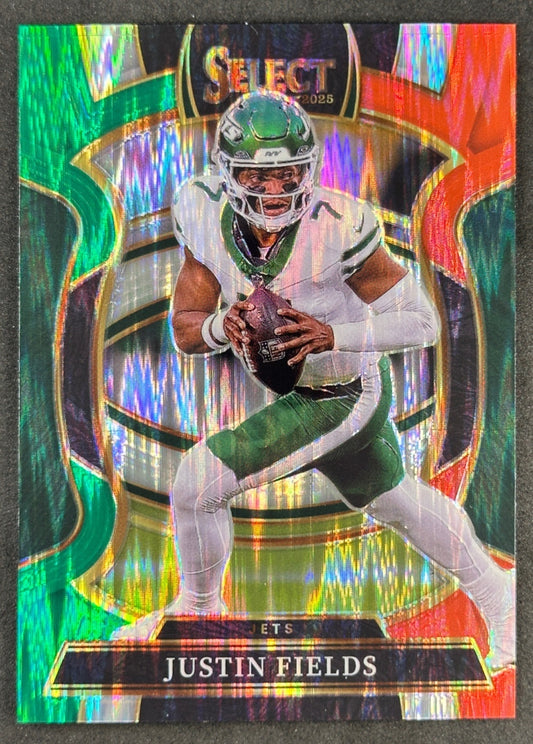 Justin Fields 2025 Select Concourse Green and Red Prizm Shock Jets