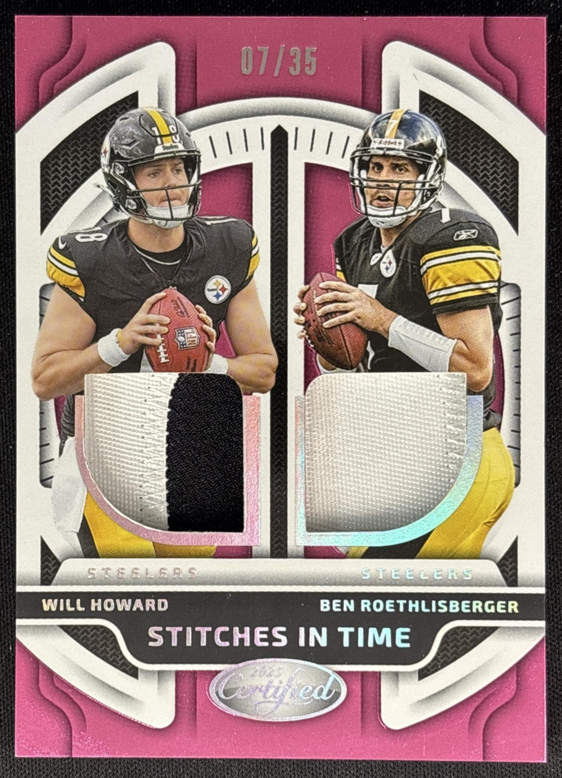 Will Howard Ben Roethlisberger 2025 Certified Stitches in Time Dual Mirror Etch Pink /35 Steelers Sports Trading Card