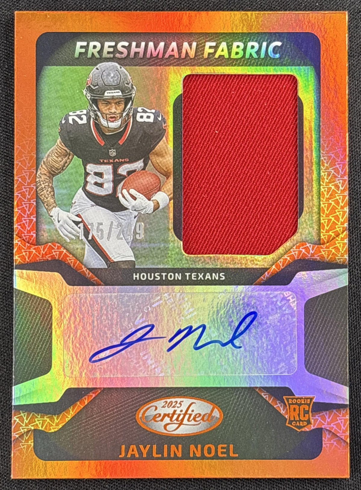 Jaylin Noel 2025 Panini Certified Freshman Fabric Mirror Signatures Orange /249 Texans