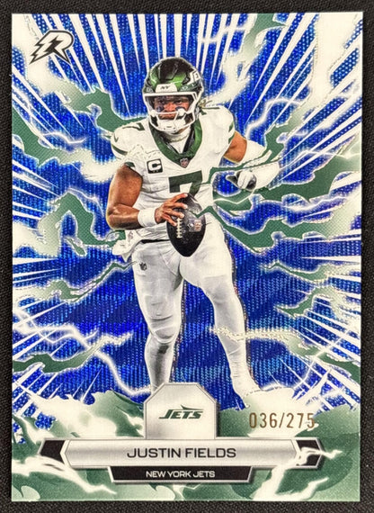Justin Fields 2025 Topps Resurgence Navy Surge Refractor /275 Jets