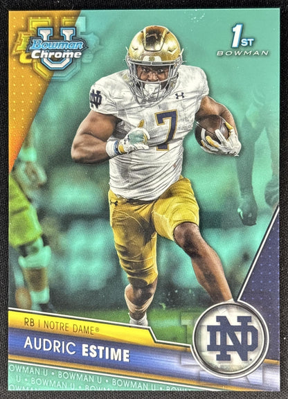 Audric Estime 2023 Bowman University Chrome Aqua Refractor /299 Fighting Irish front