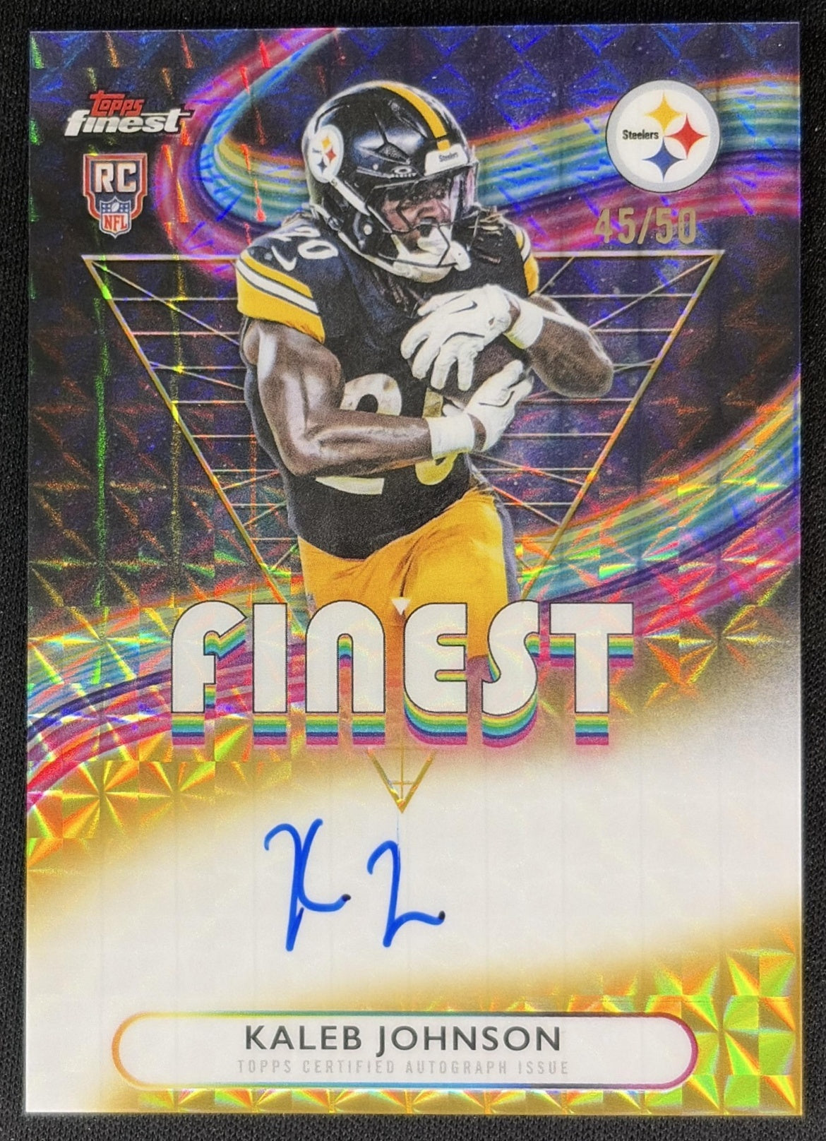 Kaleb Johnson 2025 Finest Rookie Auto Gold Geometric Refractor /50 Steelers front
