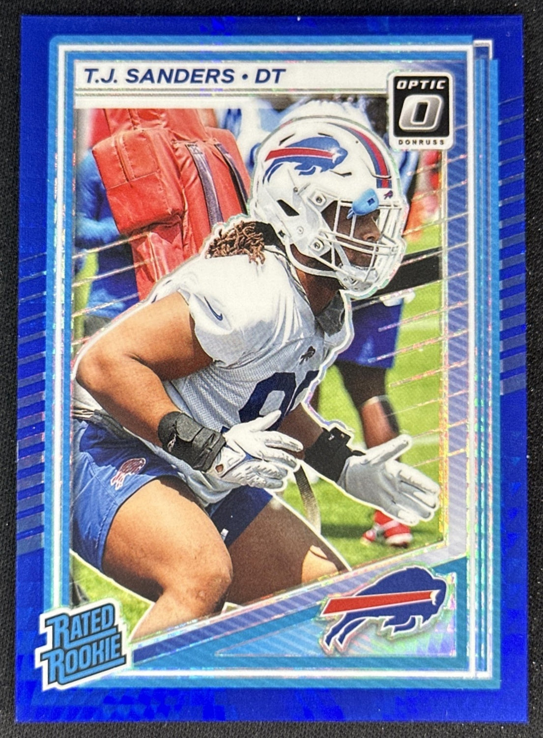T.J. Sanders 2025 Panini Donruss Optic Rated Rookie Blue Hyper Prizm Bills front