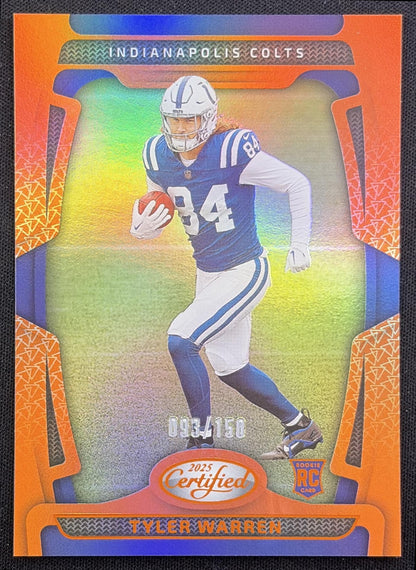Tyler Warren 2025 Panini Certified Rookies Mirror Orange /150 Colts Indianapolis Colts