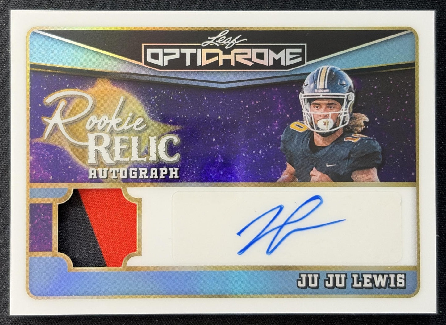 Ju Lewis 2025 Leaf Optichrome Rookie Relic Auto Crystal Platinum Blue /7 front