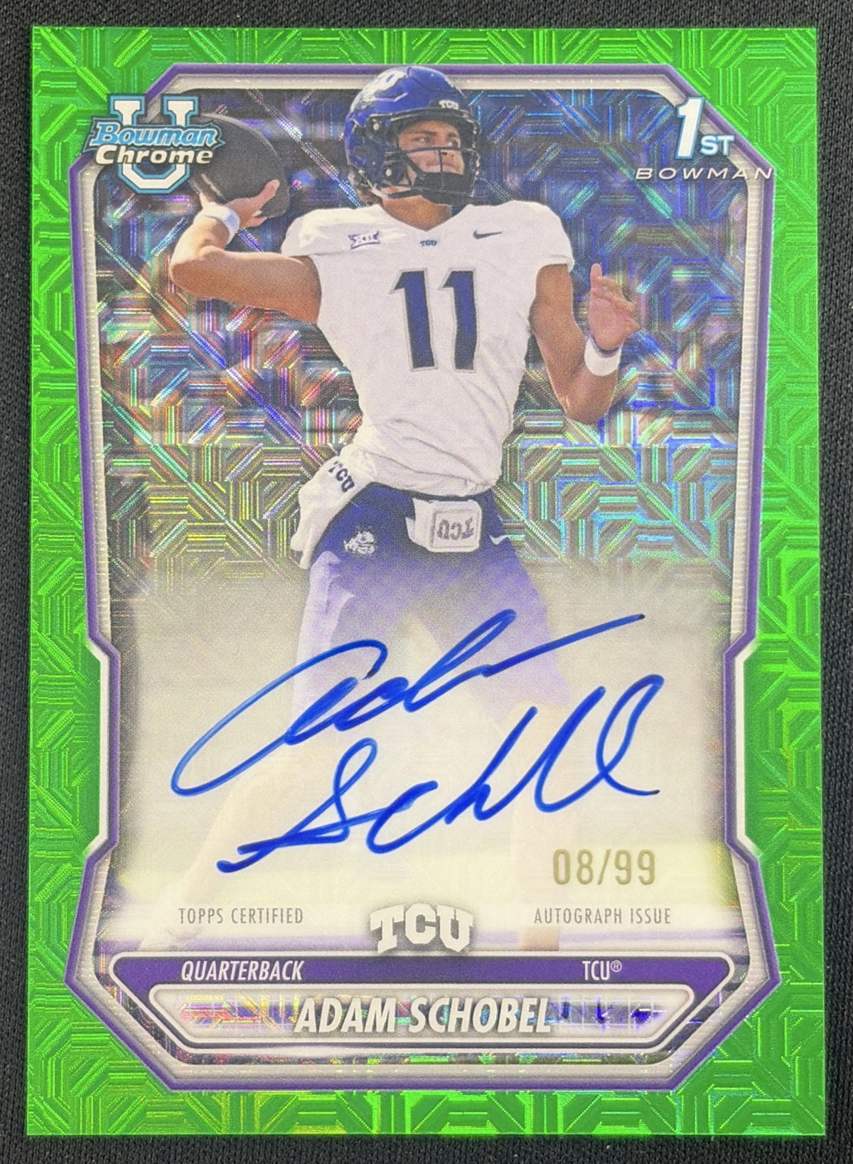 Adam Schobel 2026 Bowman Chrome Prospect Auto Green Mojo Refractor /99 Horned Frogs Sports Trading Card