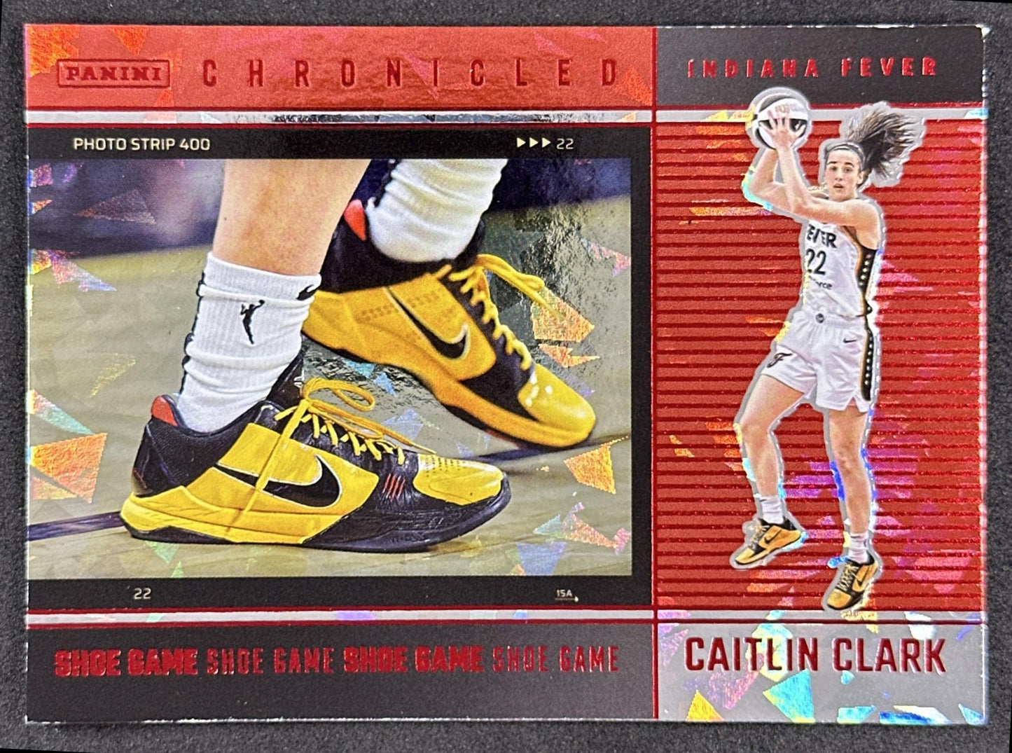 Caitlin Clark 2025 Panini Chronicled Shoe Game Red Cracked Ice Fever Indiana Fever