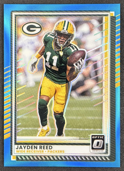 Jayden Reed 2025 Panini Donruss Optic Neon Blue Prizm /399 Packers front