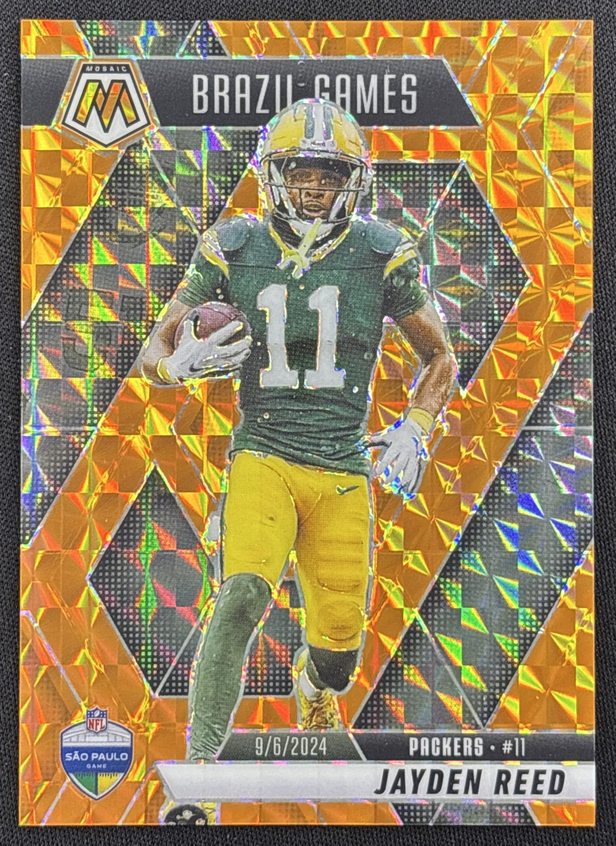 Jayden Reed 2025 Panini Mosaic International Games Orange Prizm /199 Packers