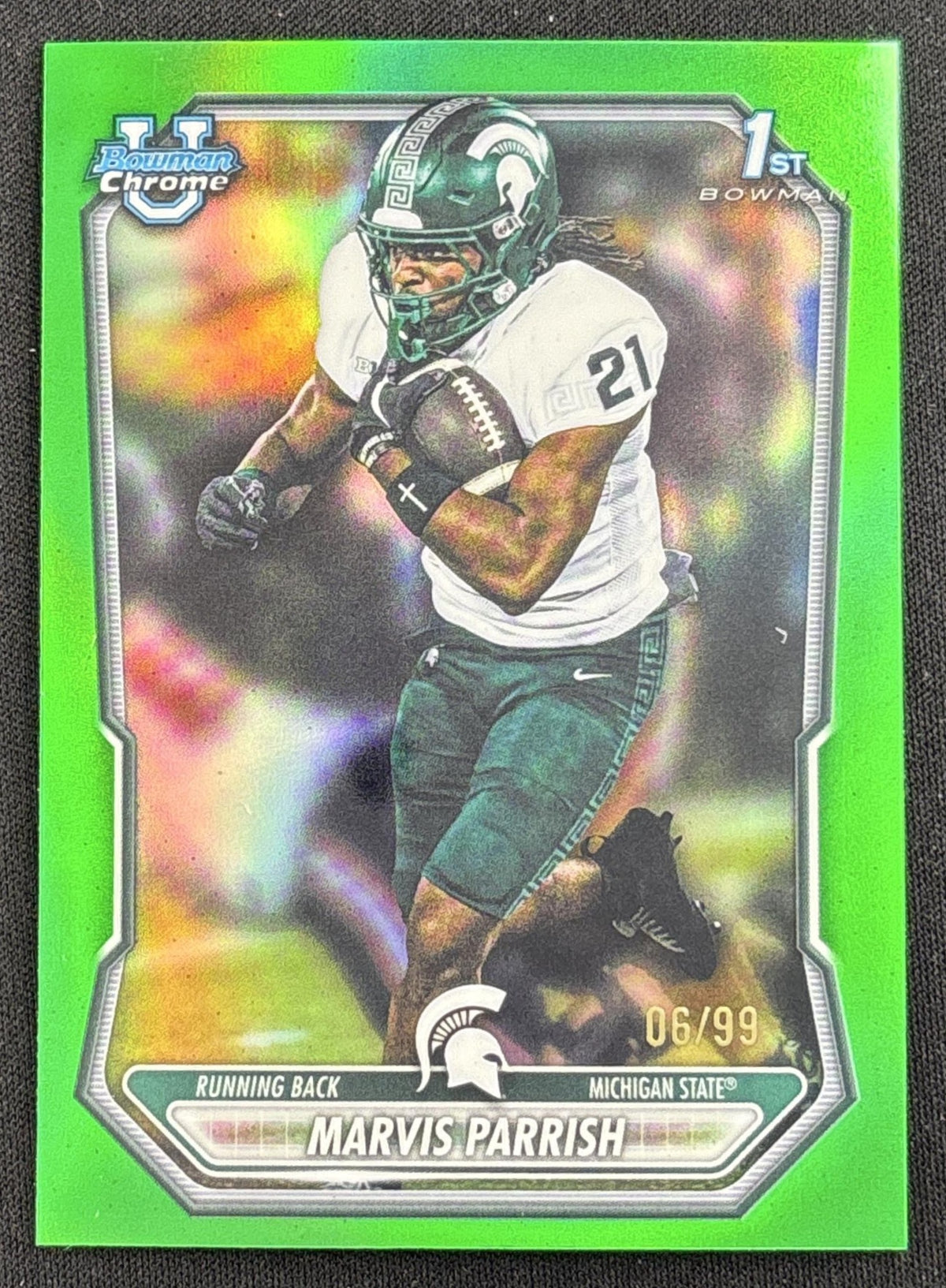 Marvis Parrish 2026 Bowman Chrome Prospects Green Reptilian Refractor /99 Spartans Sports Trading Card