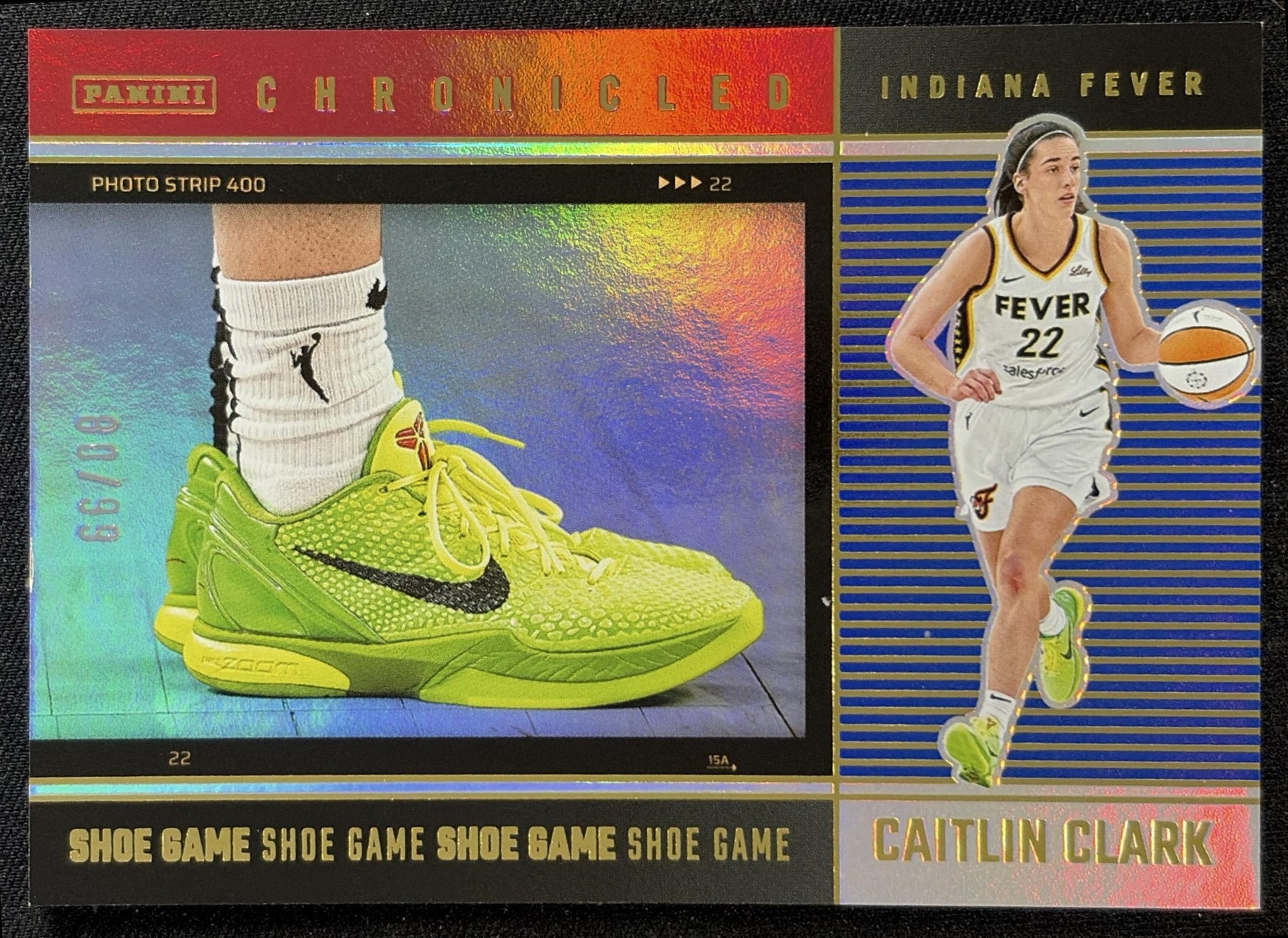 Caitlin Clark 2025 Panini Chronicled Shoe Game Red and Blue Holo /99 Fever