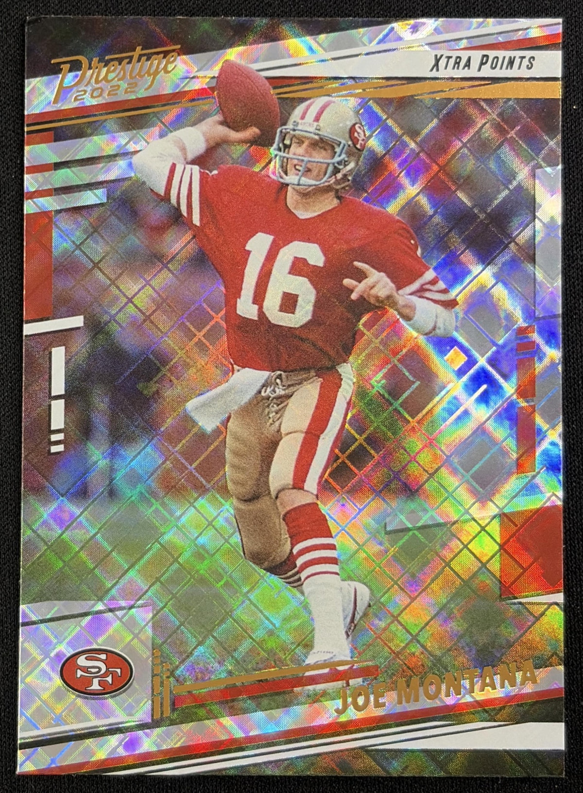 Front of Joe Montana 2022 Panini Prestige Xtra Points Diamond 49ers sports trading card