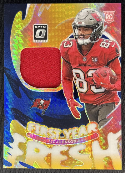 Tez Johnson 2025 Donruss Optic First Year Fresh Blue Hyper Prizm Buccaneers Sports Trading Cards