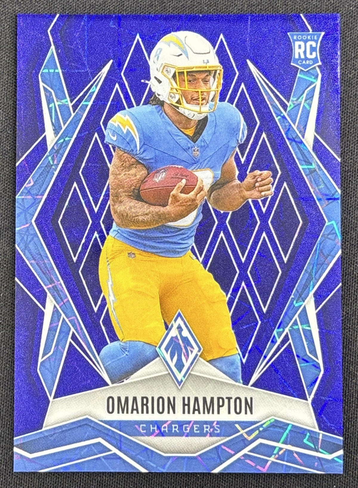 Omarion Hampton 2025 Panini Phoenix Blue Lazer Prizm /75 Chargers front