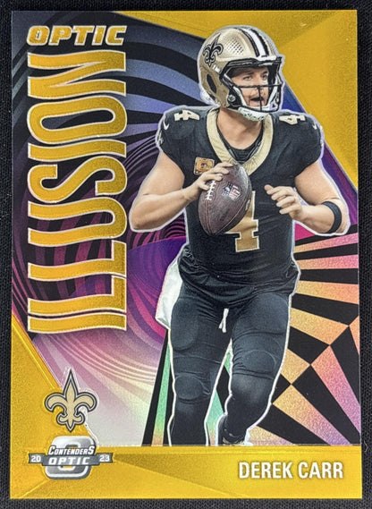 Derek Carr 2023 Panini Contenders Optic Illusion Gold /10 Saints front