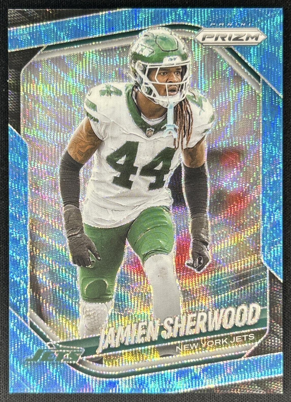 Jamien Sherwood 2025 Panini Prizm Blue Wave /230 Jets front