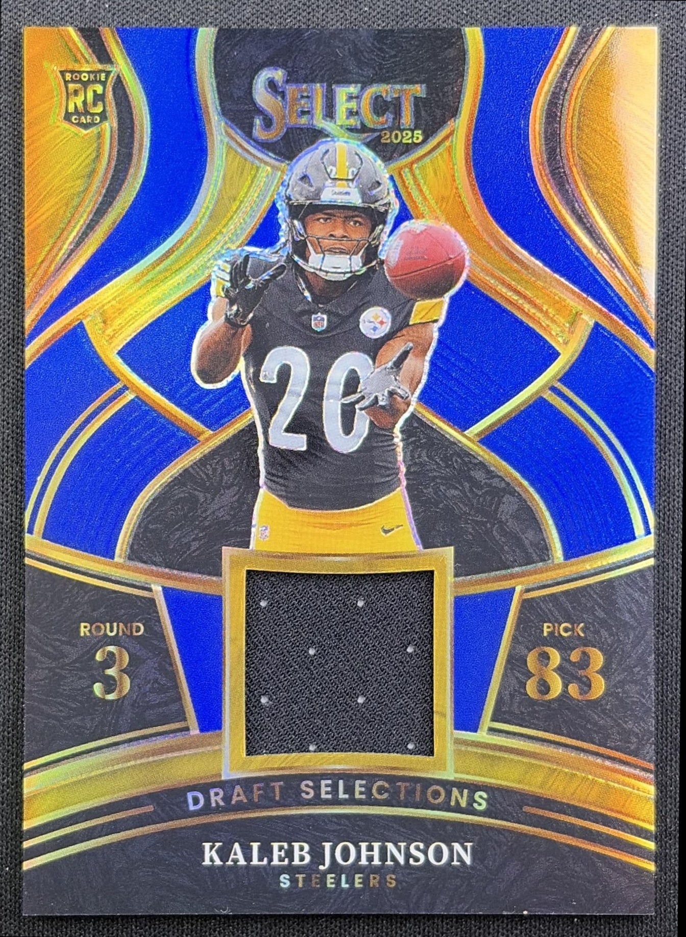 Kaleb Johnson 2025 Panini Select Draft Selections Memorabilia Blue Prizm Steelers front