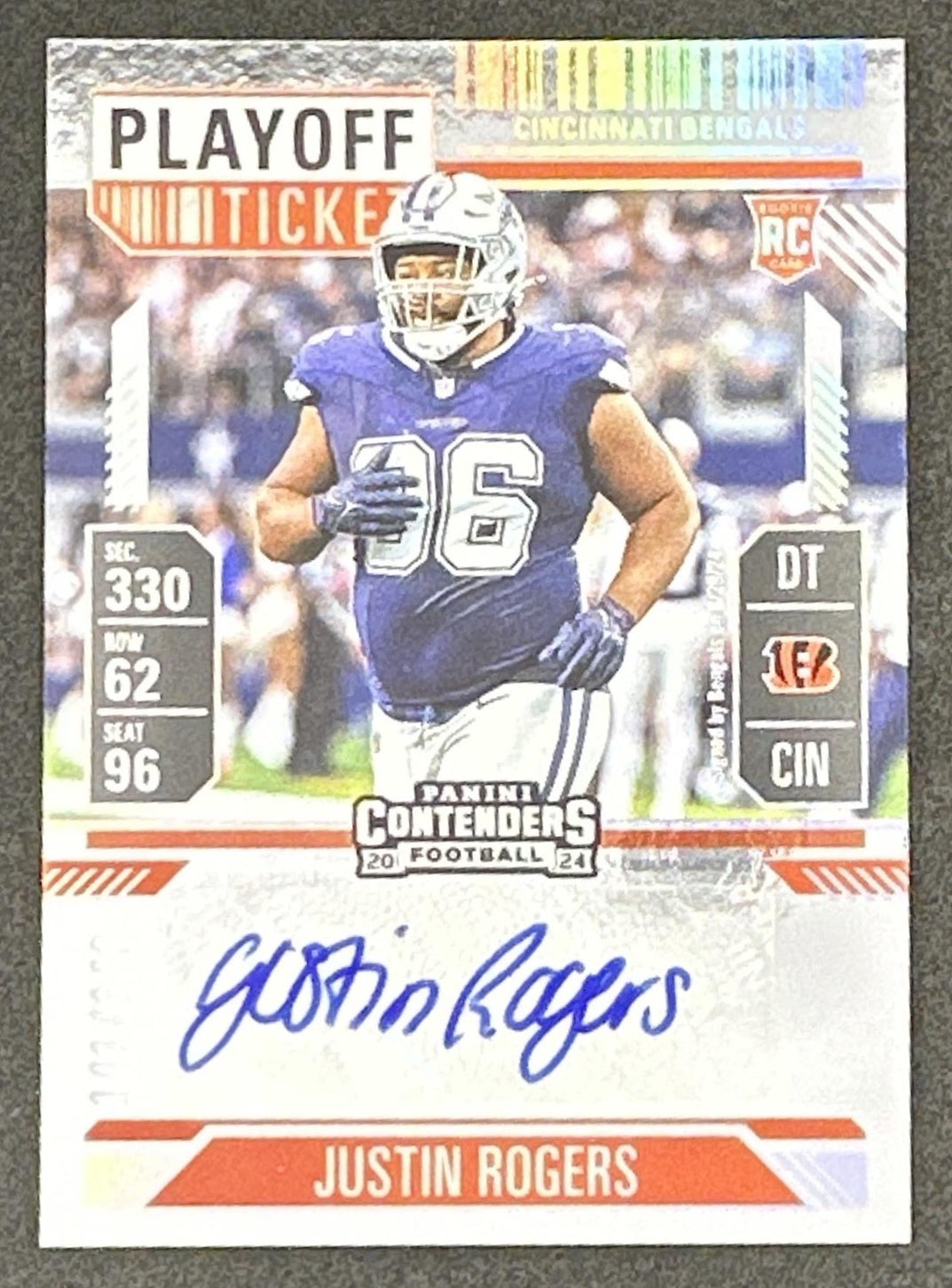 Justin Rogers 2024 Panini Contenders Rookie Ticket Auto Playoff /149 Bengals
