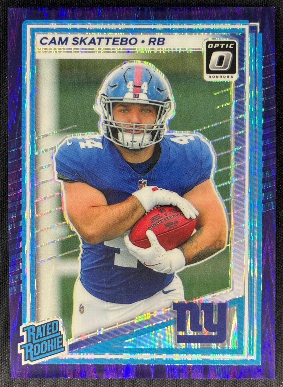 Cam Skattebo 2025 Donruss Optic Rated Rookie Purple Shock Prizm Giants Sports Trading Card