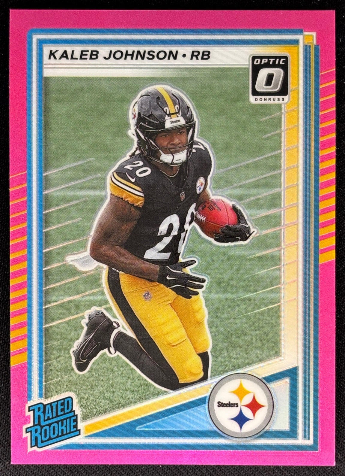 Kaleb Johnson 2025 Donruss Optic Rated Rookie Preview Pink Steelers front sports trading card