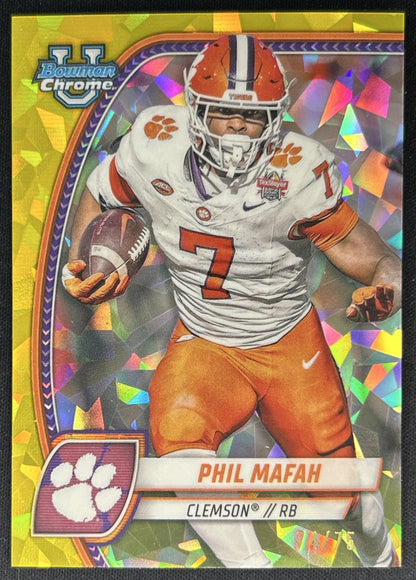 Phil Mafah 2024 Bowman Chrome University Sapphire Yellow Refractor /75 Tigers front