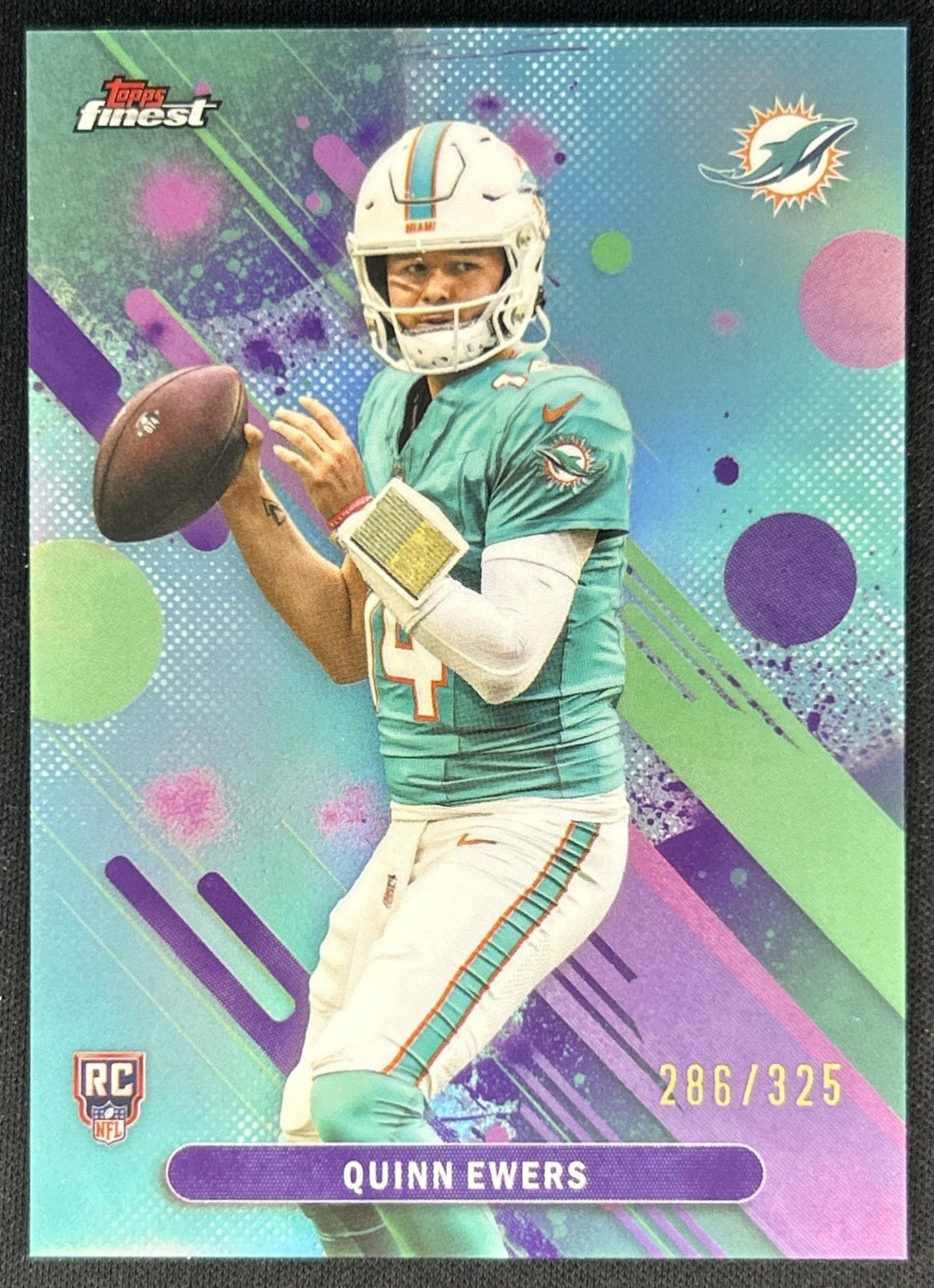 Quinn Ewers 2025 Topps Finest Sky Blue Refractor /325 Dolphins Front