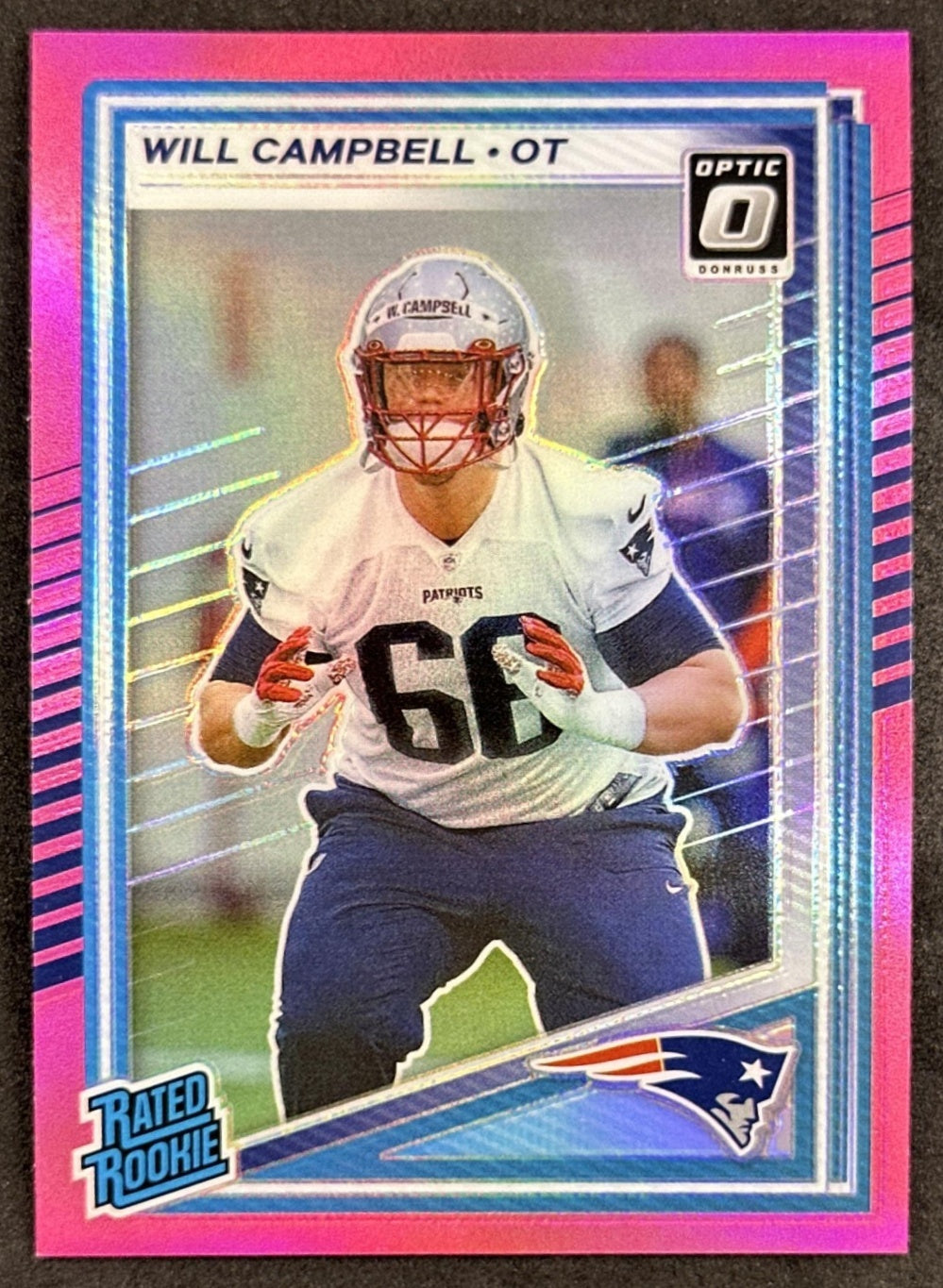 Will Campbell 2025 Panini Donruss Optic Rated Rookie Preview Pink Patriots front