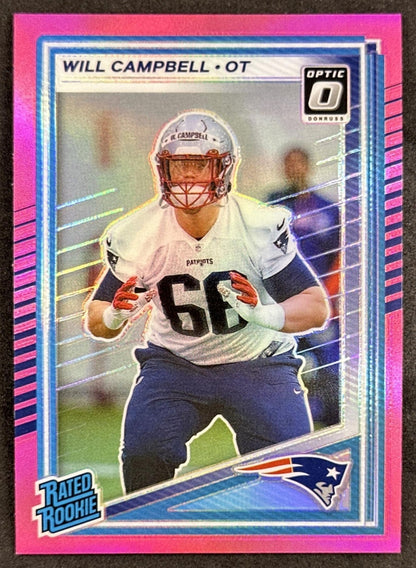 Will Campbell 2025 Panini Donruss Optic Rated Rookie Preview Pink Patriots front