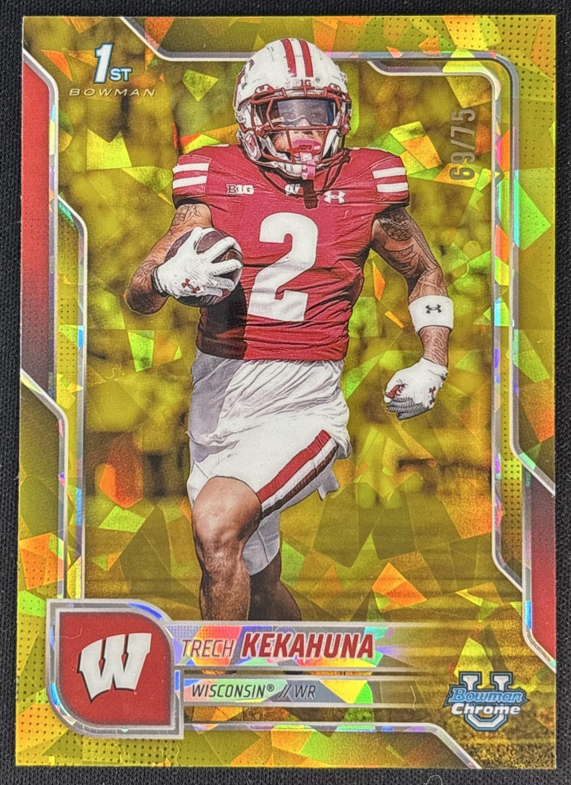 Trech Kekahuna 2025 Chrome University Sapphire Prospect Yellow Refractor /75 Badgers front