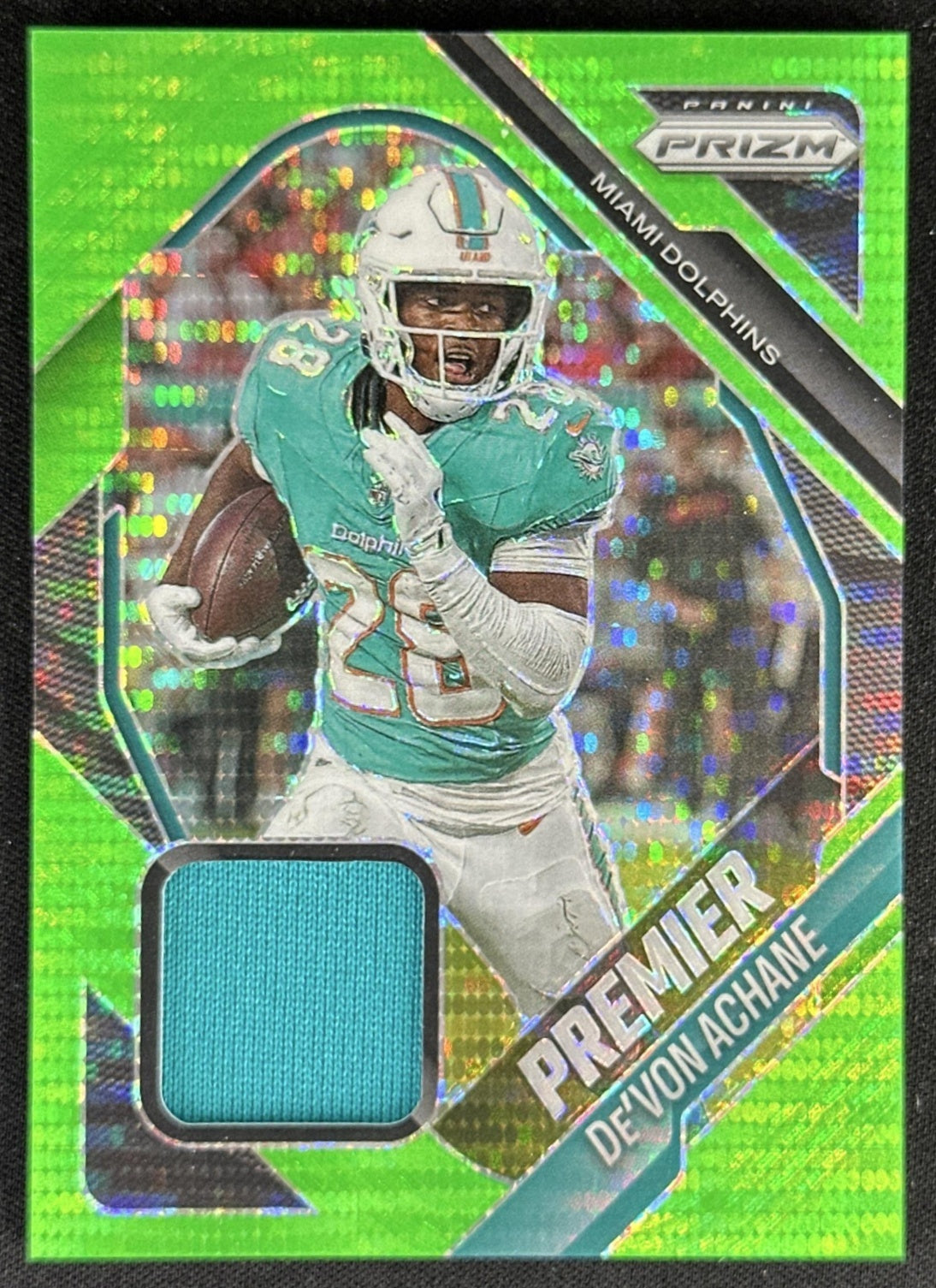 De'Von Achane 2025 Panini Prizm Premier Jerseys Neon Green Pulsar Dolphins