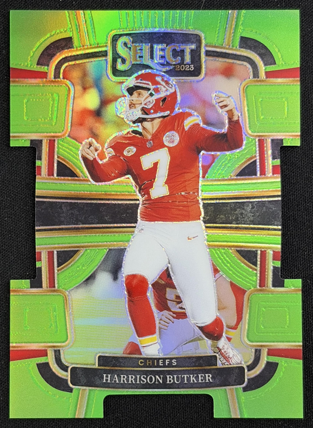 Harrison Butker 2023 Panini Select Neon Green Prizms Die Cut /599 Chiefs - front