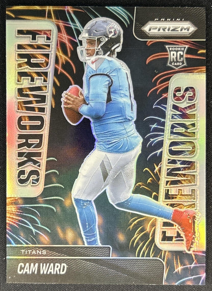 Cam Ward 2025 Panini Prizm Fireworks Silver Titans front
