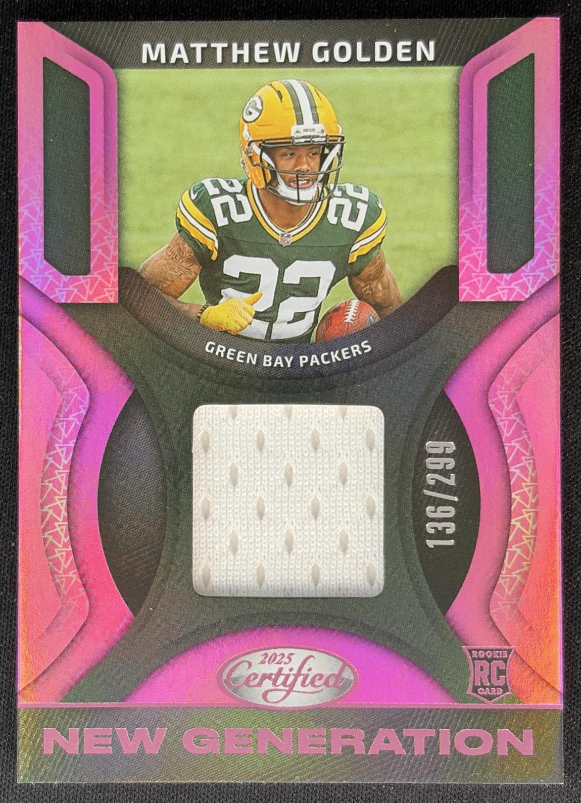 Matthew Golden 2025 Certified New Generation Jerseys Mirror Pink /299 Packers Front