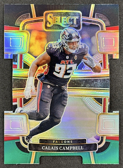 Calais Campbell 2023 Panini Select Green and Black Die Cut Falcons Front