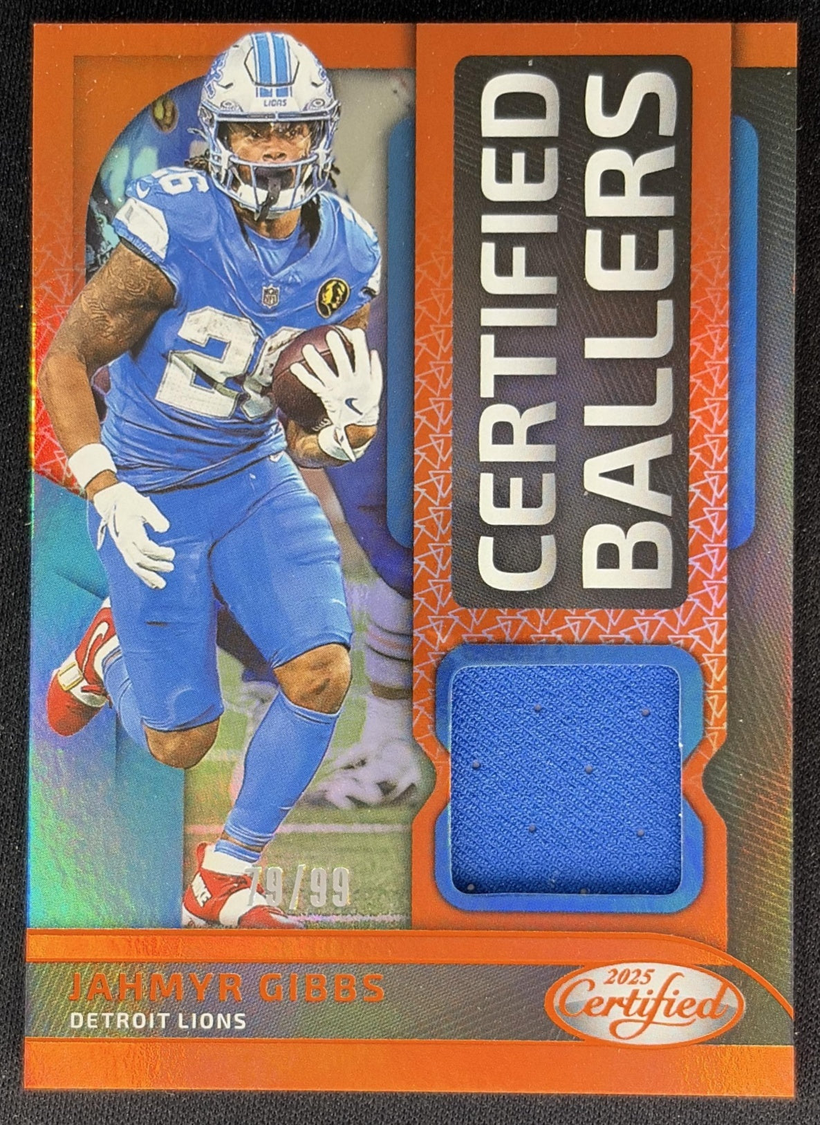 Jahmyr Gibbs 2025 Panini Certified Ballers Mirror Orange /99 Lions front