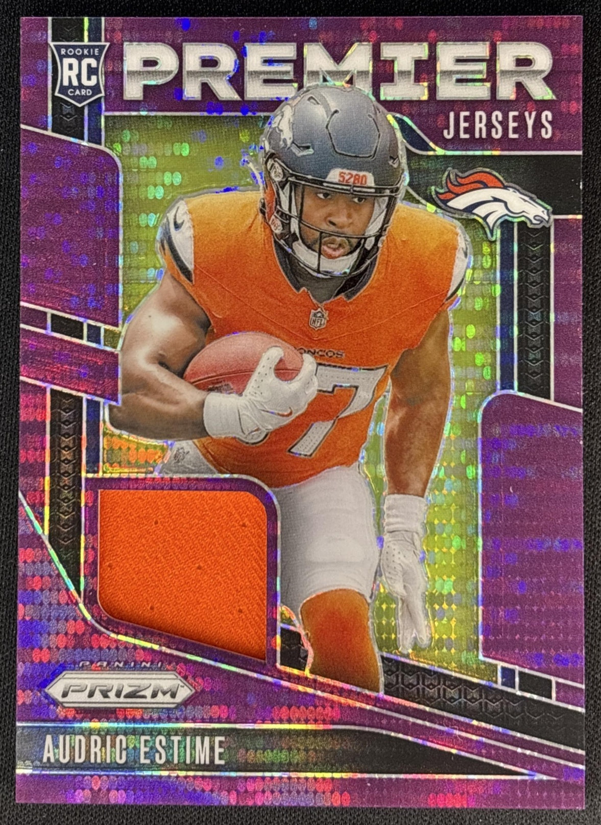 Audric Estime 2024 Panini Prizm Premier Jerseys Purple Pulsar Broncos