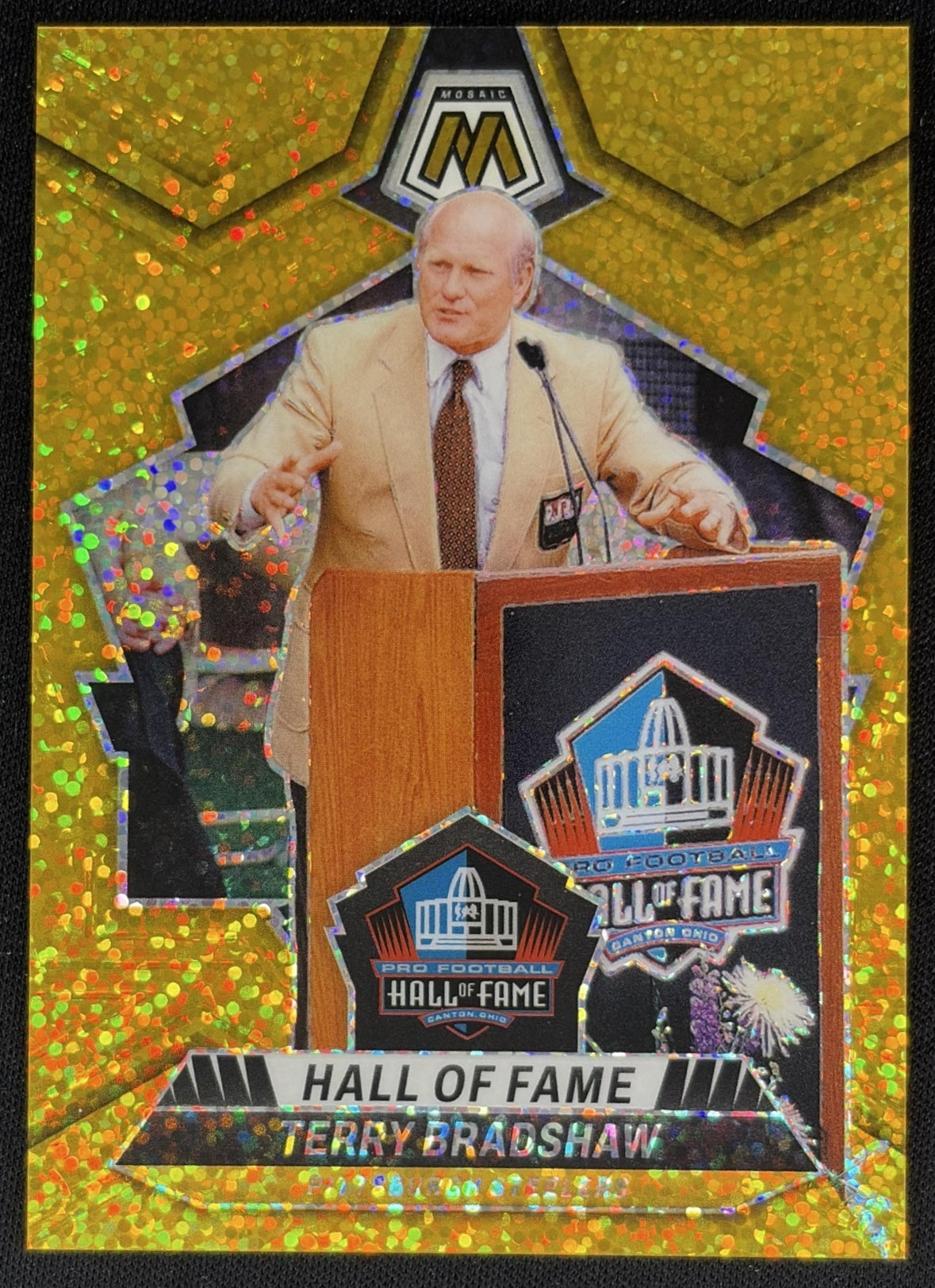 Terry Bradshaw 2024 Panini Mosaic Gold Sparkle Prizm /24 Steelers front
