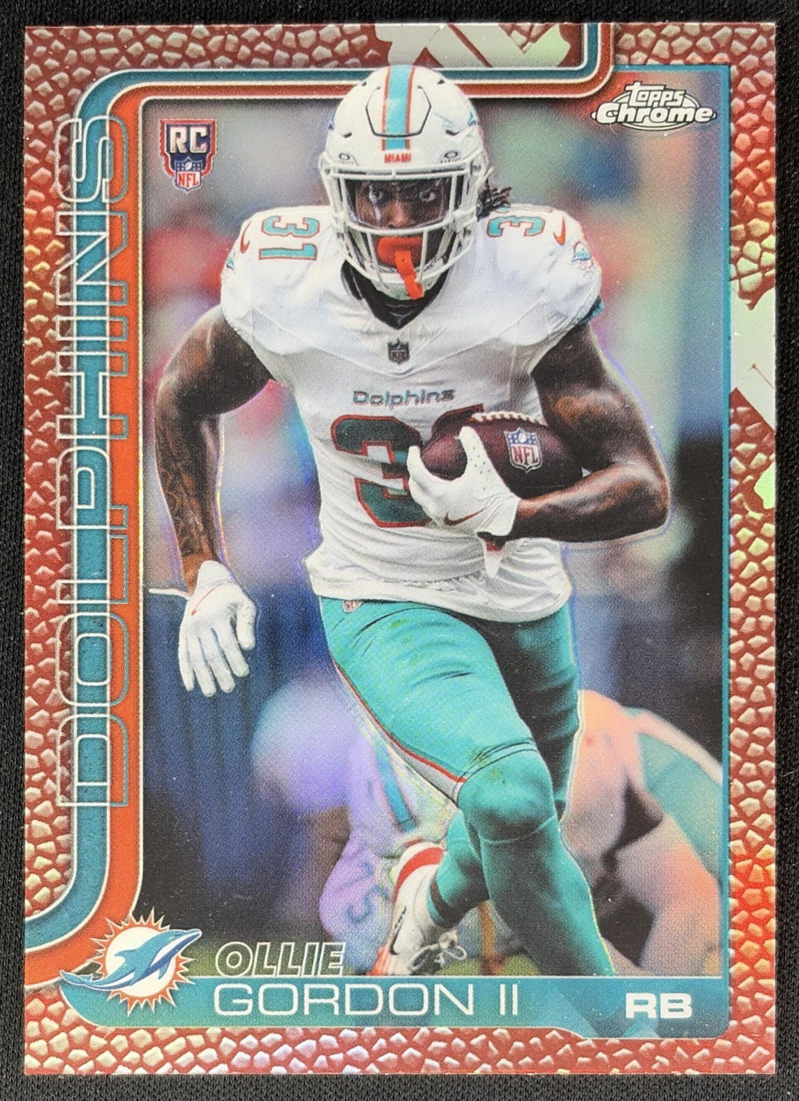 Ollie Gordon II 2025 Topps Chrome Rookie Football Leather Refractor Dolphins front