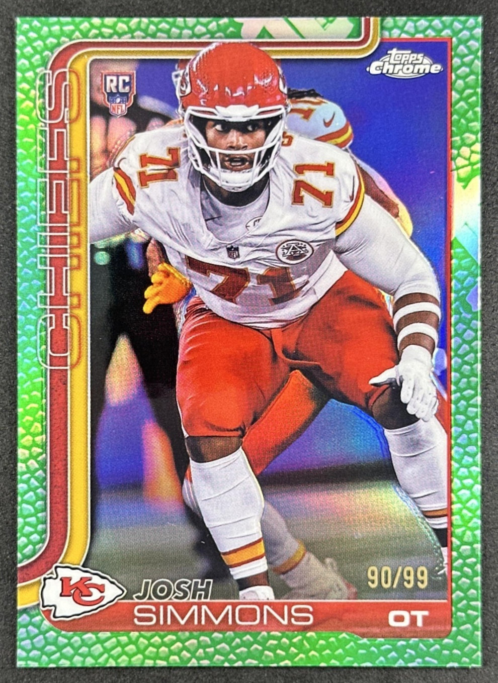 Josh Simmons 2025 Chrome Rookie Football Leather Green Refractor /99 Chiefs front
