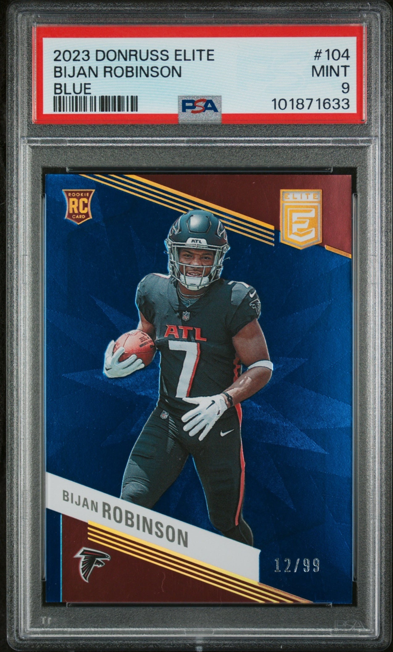 Bijan Robinson 2023 Panini Donruss Elite Blue /99 PSA 9 Falcons front