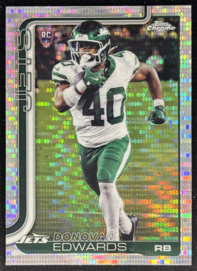 Donovan Edwards 2025 Topps Chrome Rookie Pulsar Refractor Jets Sports Trading Cards