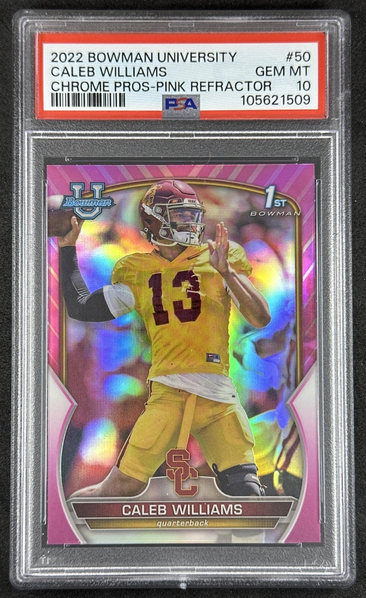 Caleb Williams 2022 Bowman University Chrome Pink Refractor PSA 10