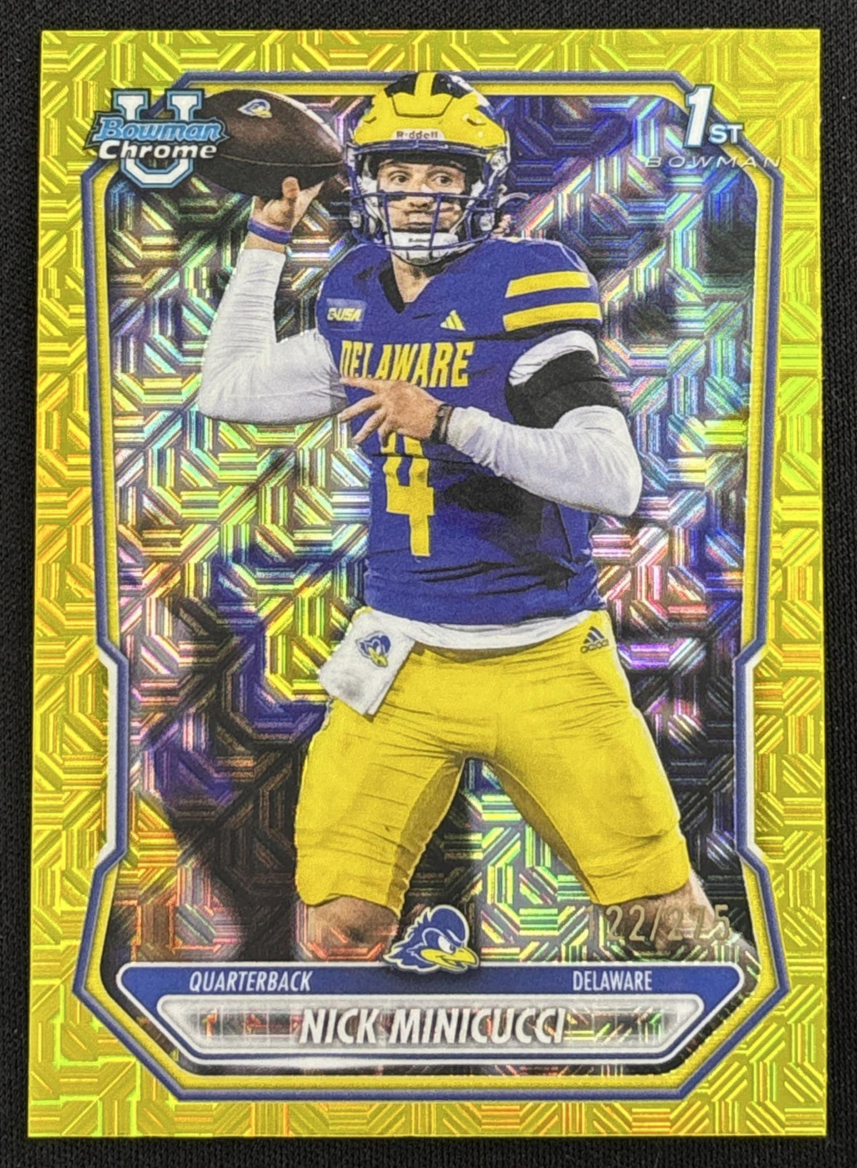 Nick Minicucci 2026 Bowman Chrome Prospects Yellow Mojo Refractor /275 Blue Hens - Front